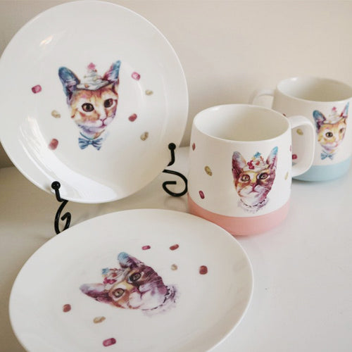 【客製化】陶緣彩瓷 貓咪情人杯盤4入組