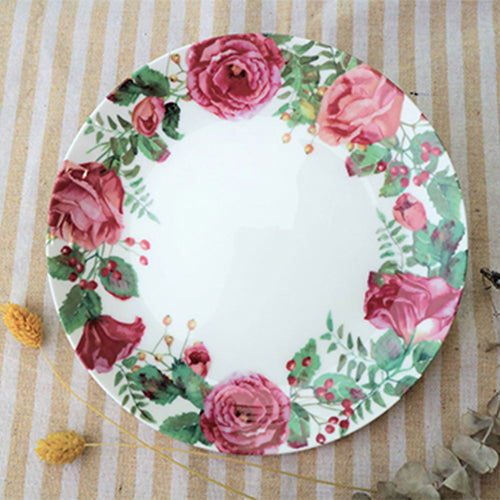 陶緣彩瓷 紅花綠意花圈8吋骨瓷盤