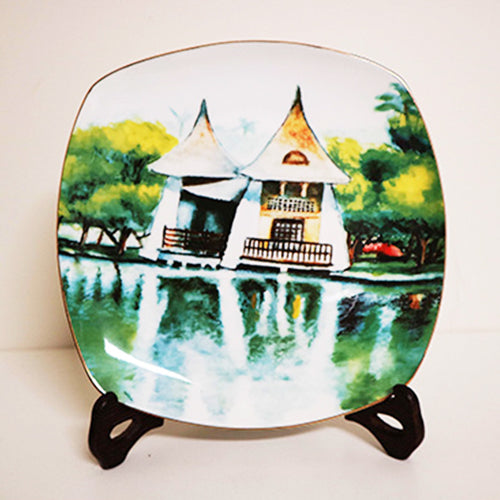 陶緣彩瓷 湖心亭 小光點畫廊身心障礙藝術畫家-謝建鋒 附盤架精緻禮盒包裝