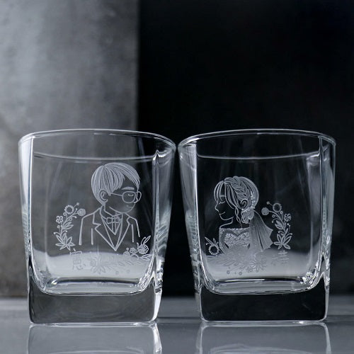 MSA手工雕刻 (一對價)295cc【夏慕幸福花環】(袖珍迷你婚紗版)結婚客製威士忌對杯