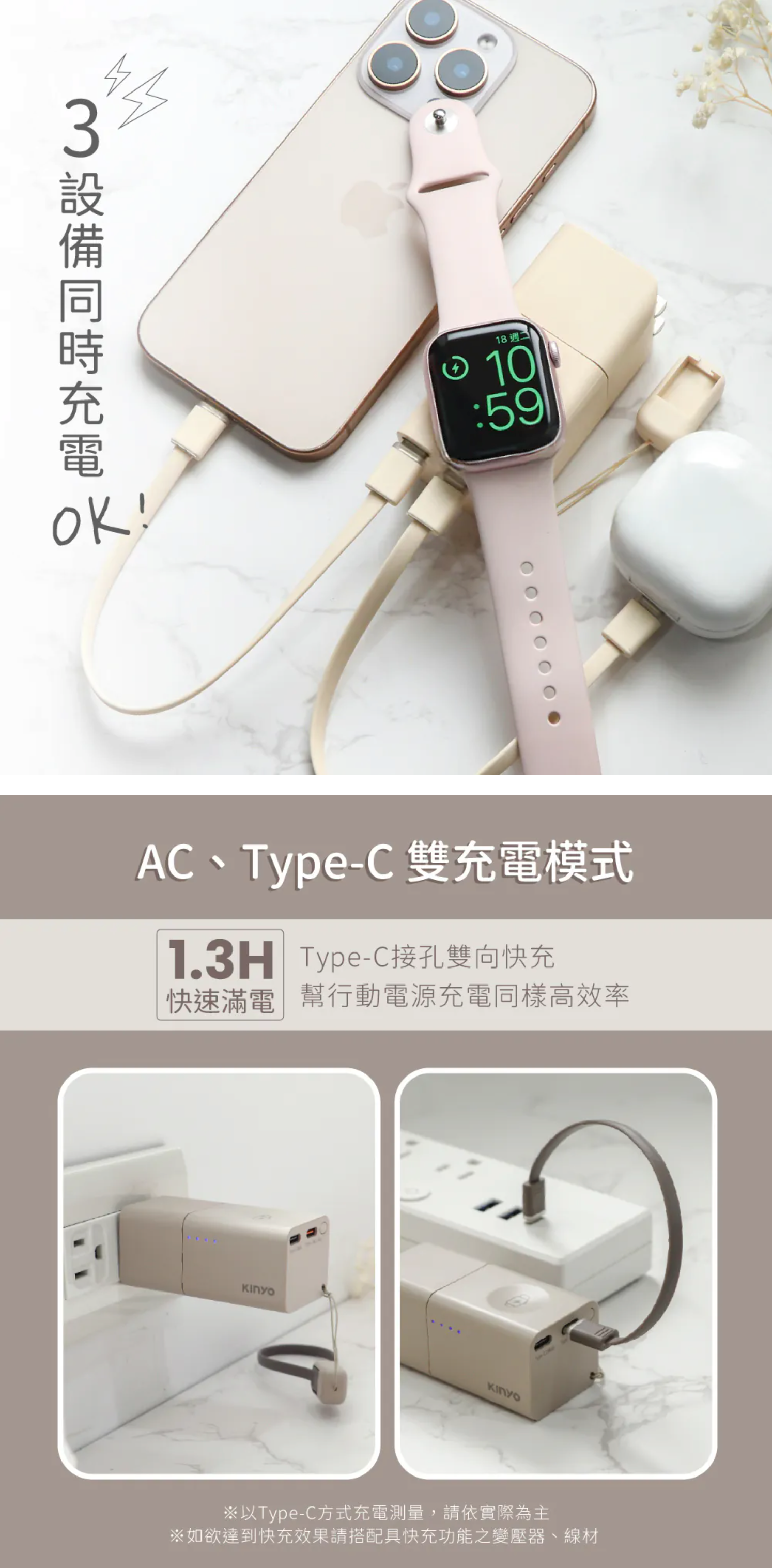 【KINYO】5 in 1自帶AC迷你萬能行動電源(KPB-2652)