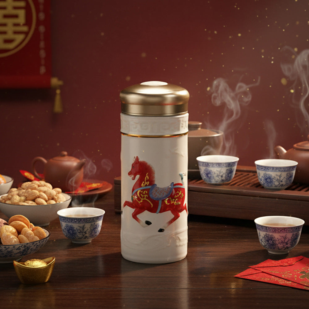 乾唐軒活瓷 盛世寶馬-漢代汗血寶馬隨身杯 / 大 / 雙層 / 白紅彩金 330ml