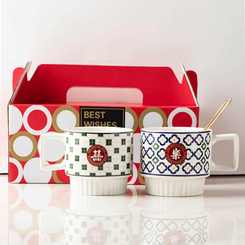 家居生活雜貨舖 囍樂復古印花對杯禮盒