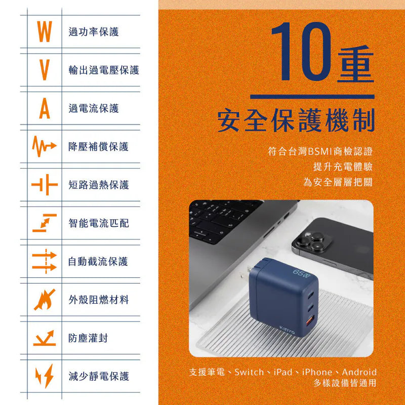 kinyo 三孔摺疊充電器 (PDCB-465)橘色