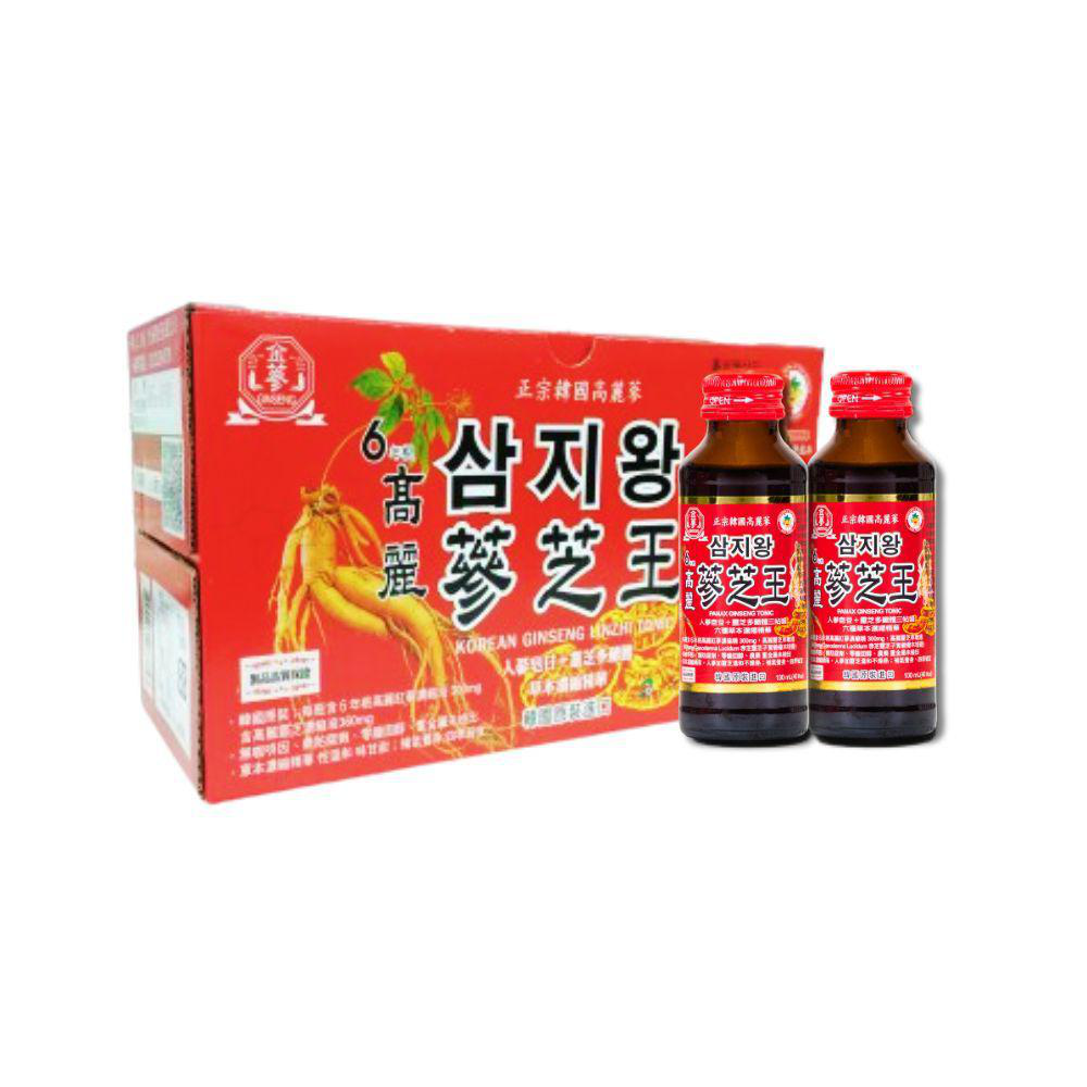 金蔘 GINSENG 6年根高麗蔘芝王100ml 10入 x 10盒(100瓶) / 加送人蔘黑咖啡10包