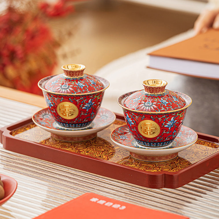 家居生活雜貨鋪 陶瓷紅色琺瑯敬茶對杯禮盒