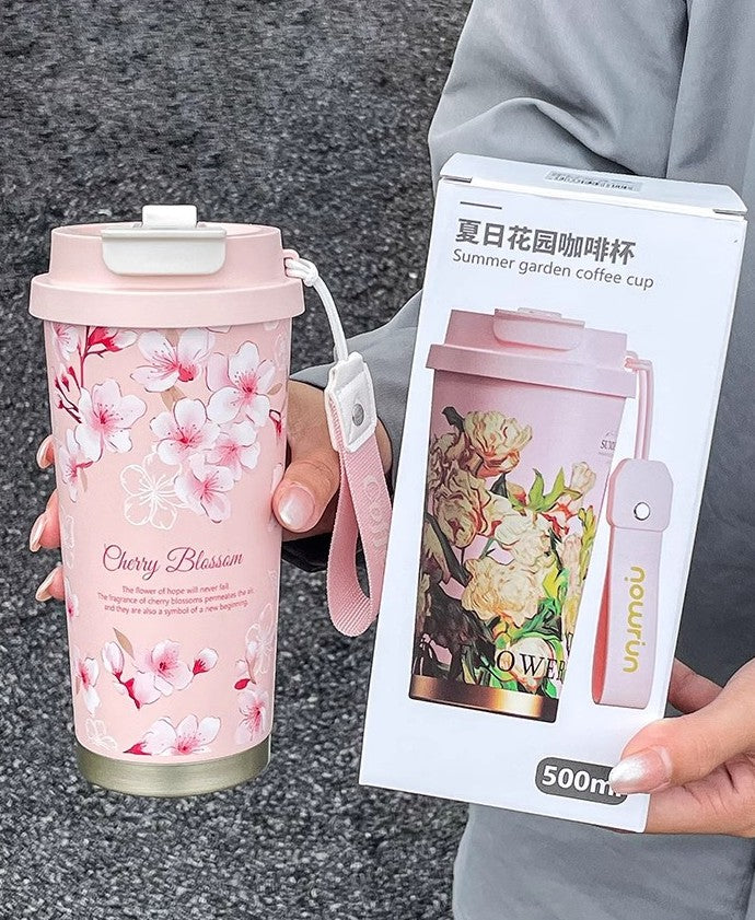 夏日花園輕奢感保溫杯冬季奶茶雙飲口泡茶水杯高顏值吸管禮品杯子