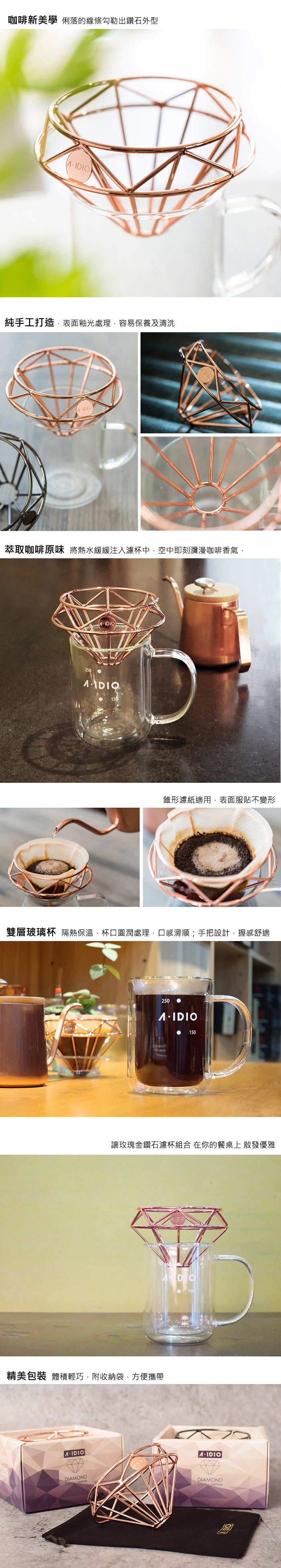 A-IDIO 鑽石咖啡濾杯+雙層隔熱杯禮盒組