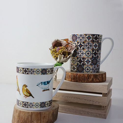 陶緣彩瓷 復古花磚骨瓷馬克杯對杯