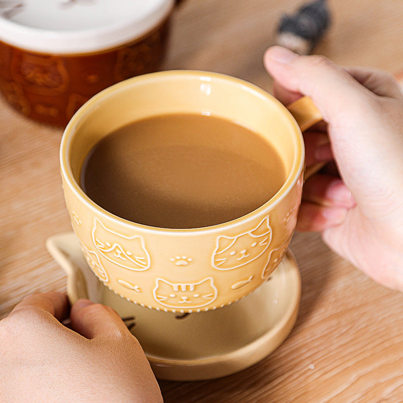 家居生活雜貨舖 日式貓咪帶蓋陶瓷馬克杯