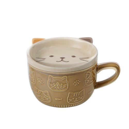 家居生活雜貨舖 日式貓咪帶蓋陶瓷馬克杯