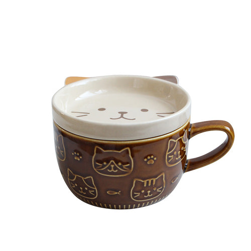家居生活雜貨舖 日式貓咪帶蓋陶瓷馬克杯