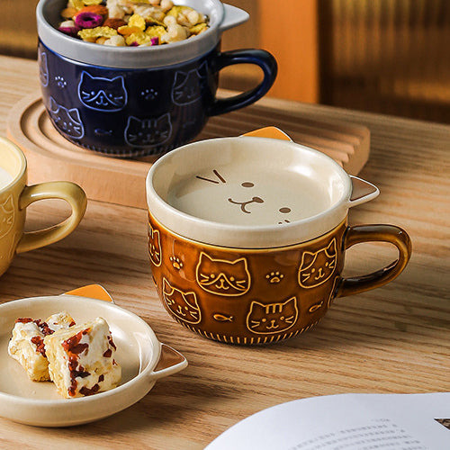 家居生活雜貨舖 日式貓咪帶蓋陶瓷馬克杯