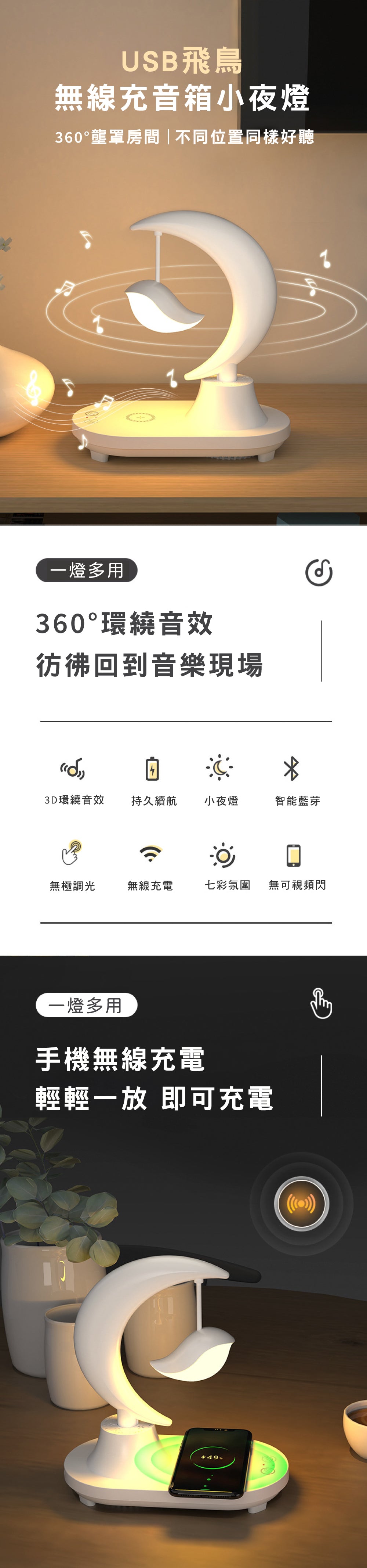 家居生活雜貨舖 USB飛鳥無線充音箱小夜燈