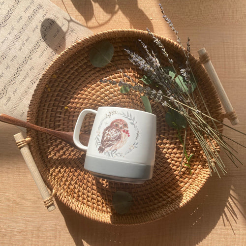 陶緣彩瓷 合作插畫藝術家-英格藍貓 The Brit Blue Kitten 森林微光磨砂杯系列 貓頭鷹