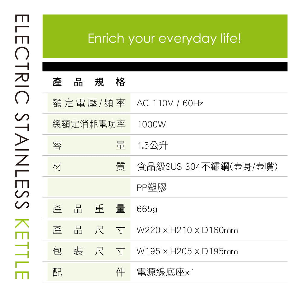 KINYO 1.5L不鏽鋼快煮壺 KIHP-1157