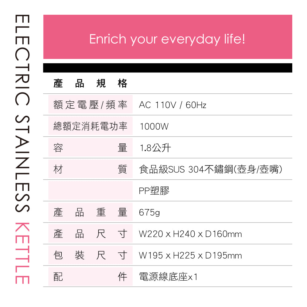 KINYO 1.8L不鏽鋼快煮壺 KIHP-1160