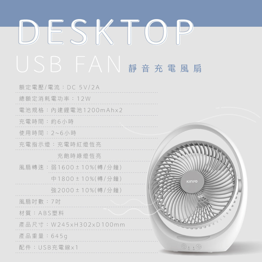 KINYO USB靜音充電風扇 UF-8645