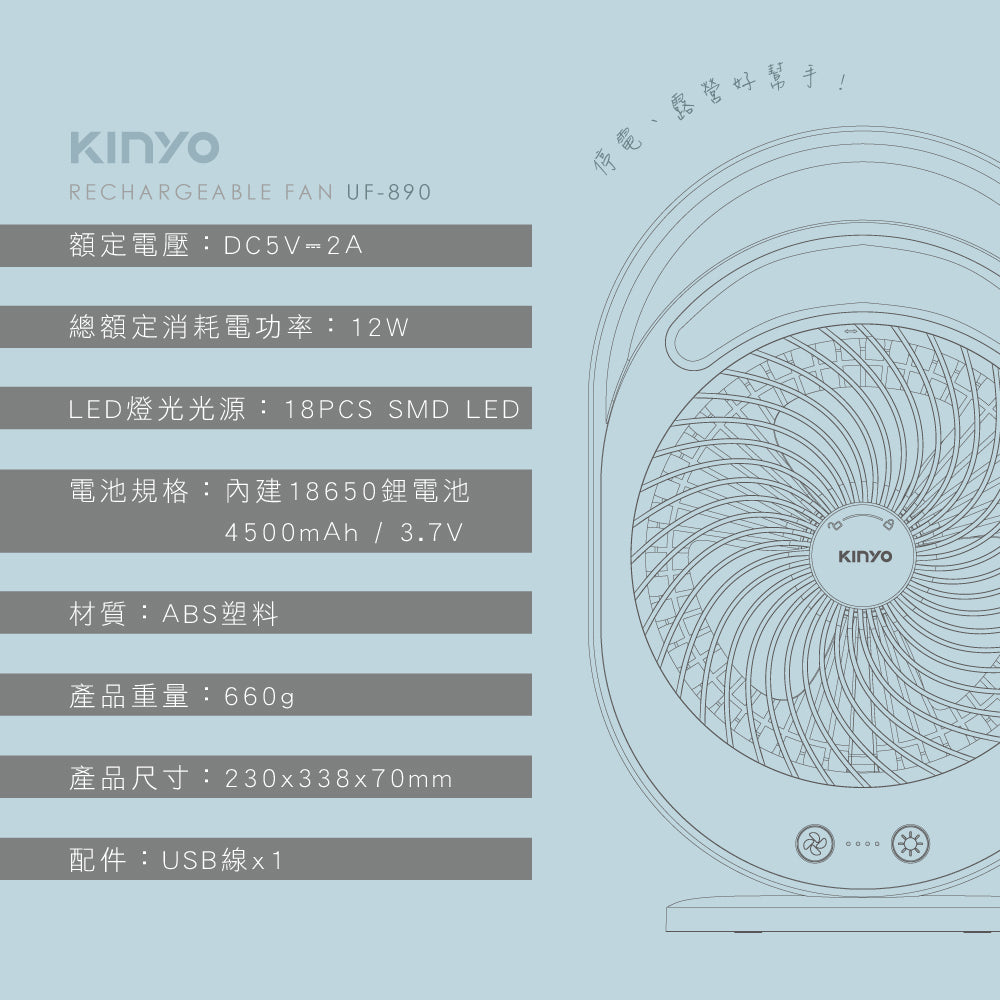 KINYO 桌立兩用充電風扇 UF-890