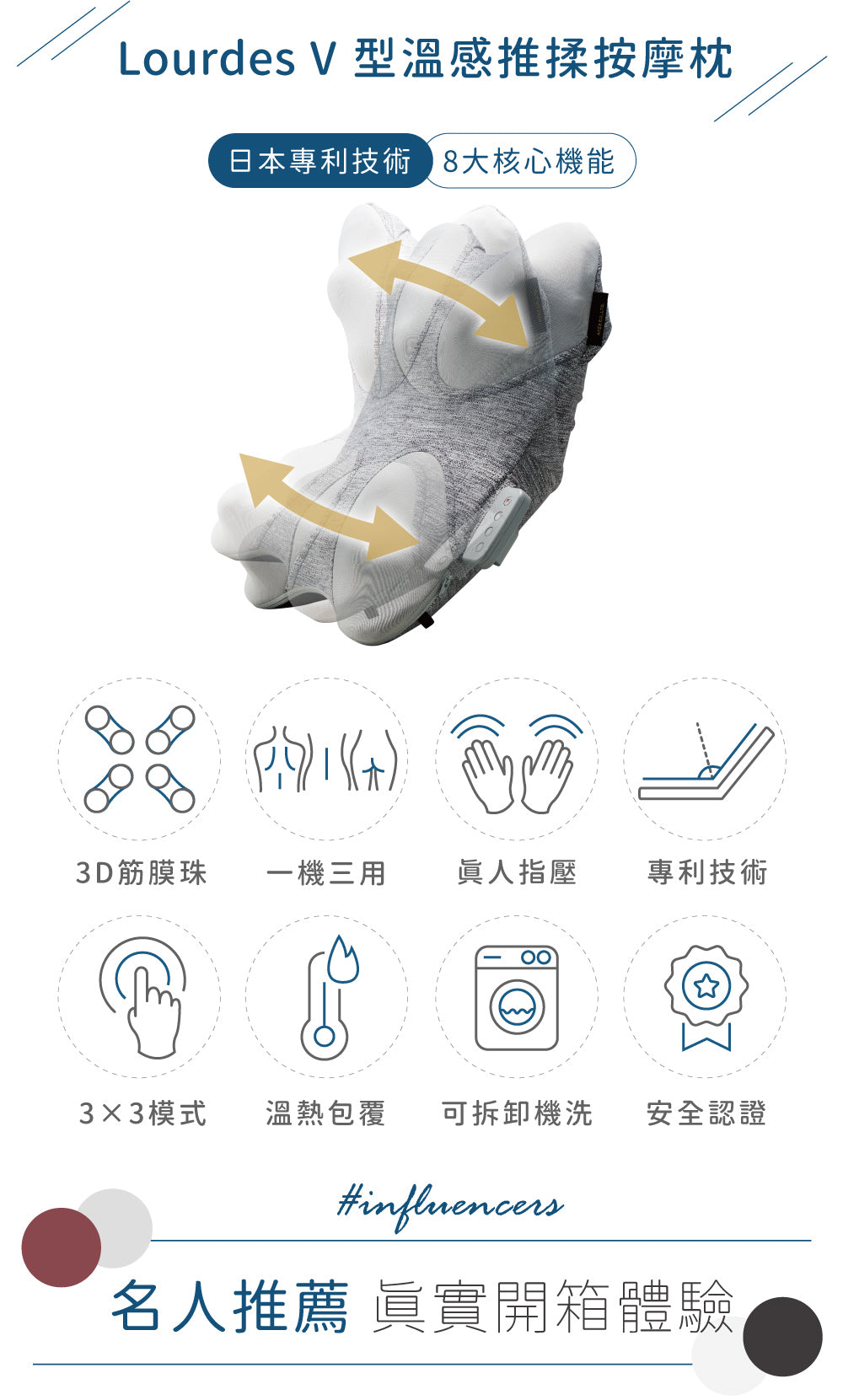 Lourdes V 型溫感推揉按摩枕 AX-HCL348