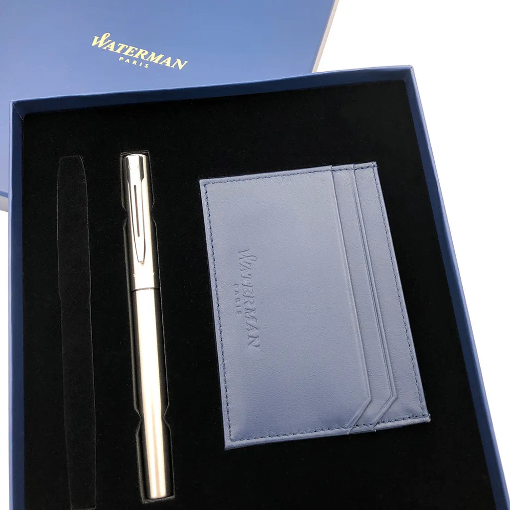 法國 WATERMAN 牛皮證件卡夾 雅律鋼筆禮盒