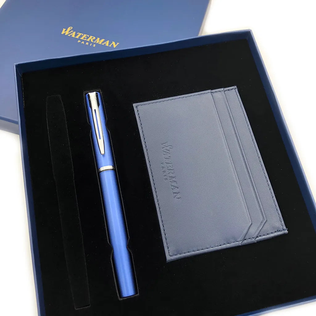 法國 WATERMAN 牛皮證件卡夾 雅律鋼筆禮盒