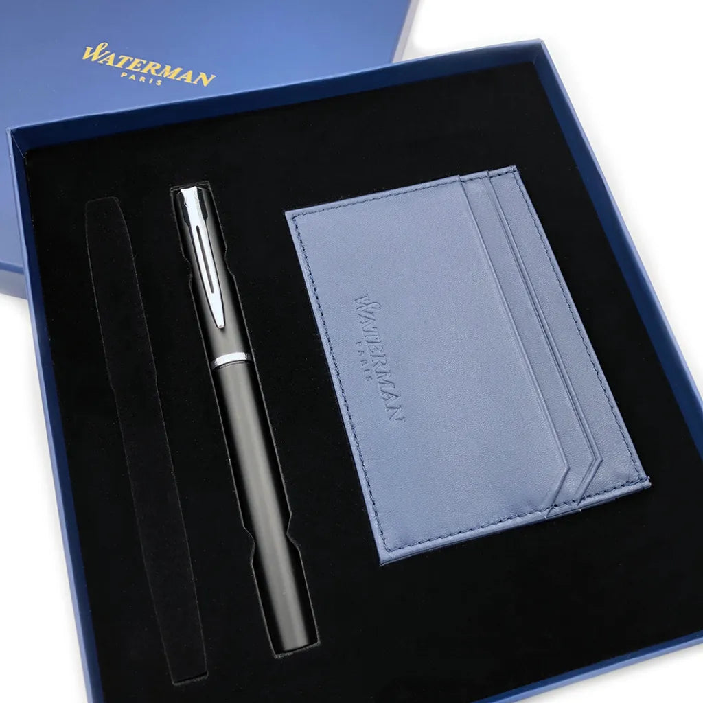法國 WATERMAN 牛皮證件卡夾 雅律鋼筆禮盒