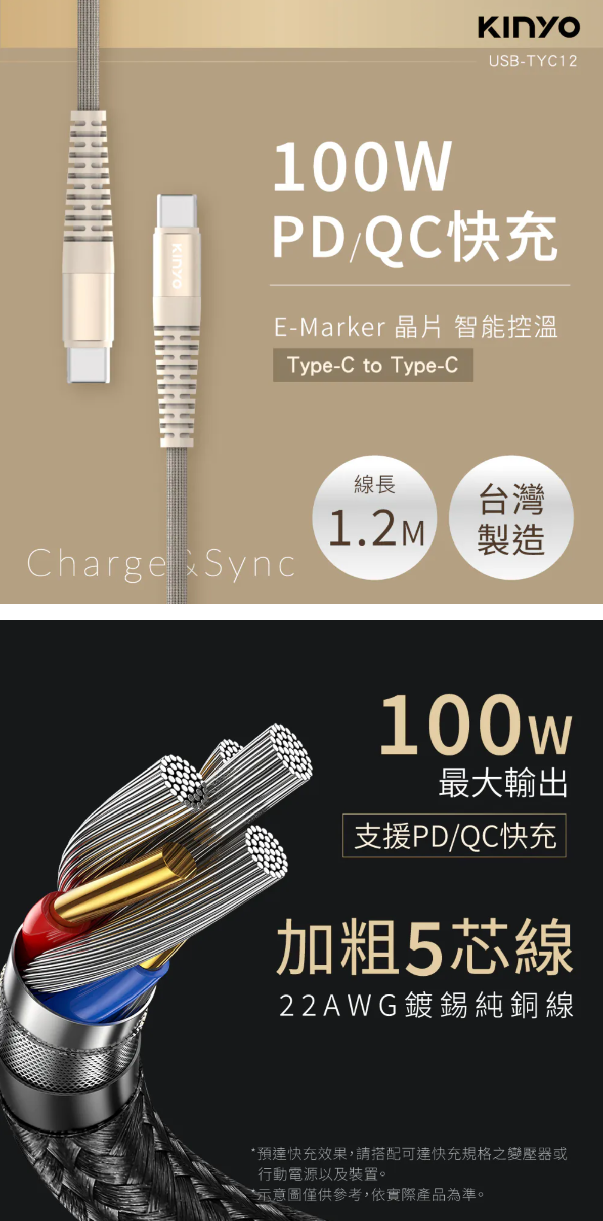【KINYO】Type-C To Type-C PD 100W超快充數據線 (USB-TYC)