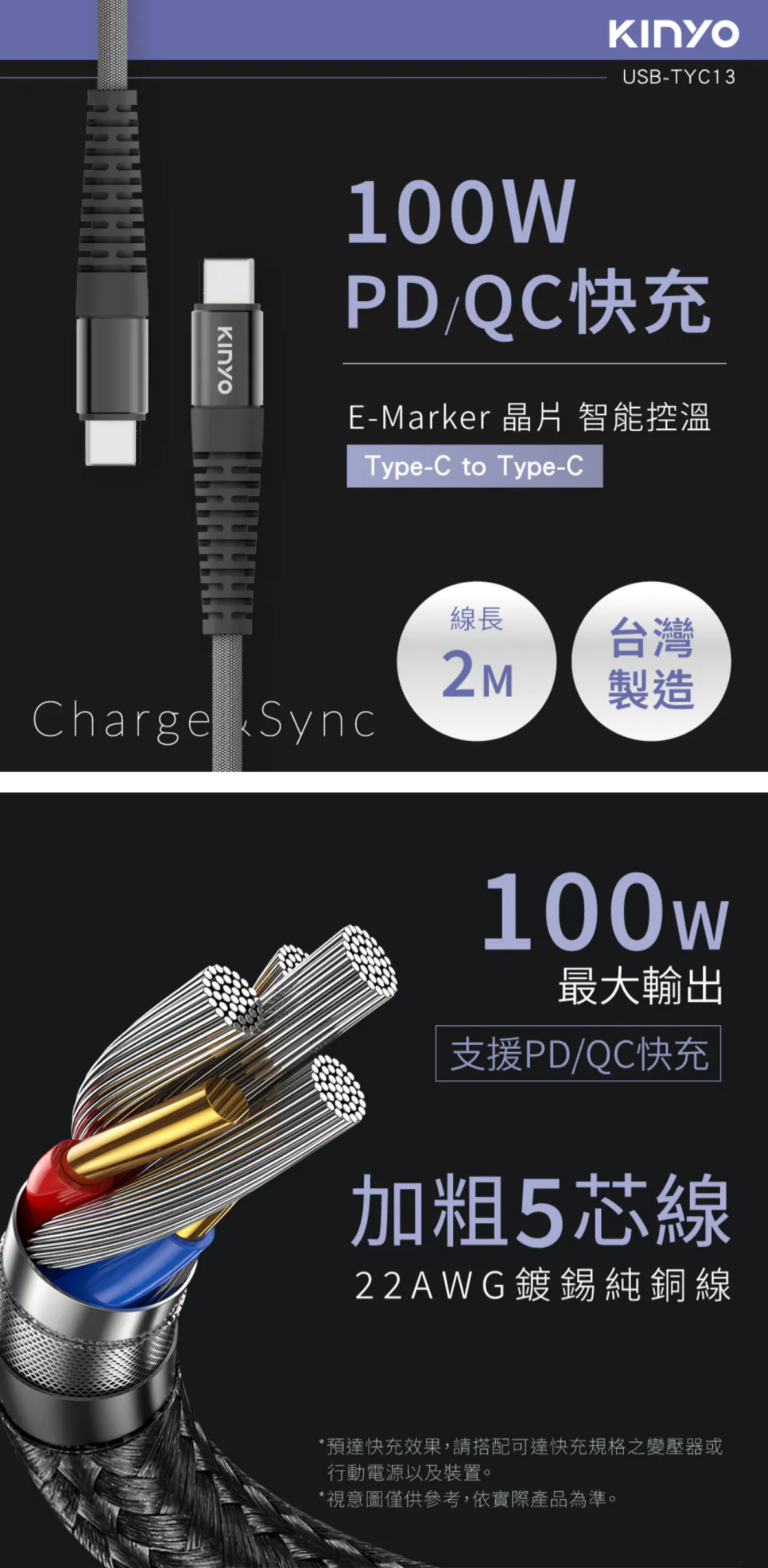 【KINYO】Type-C To Type-C PD 100W超快充數據線 (USB-TYC)