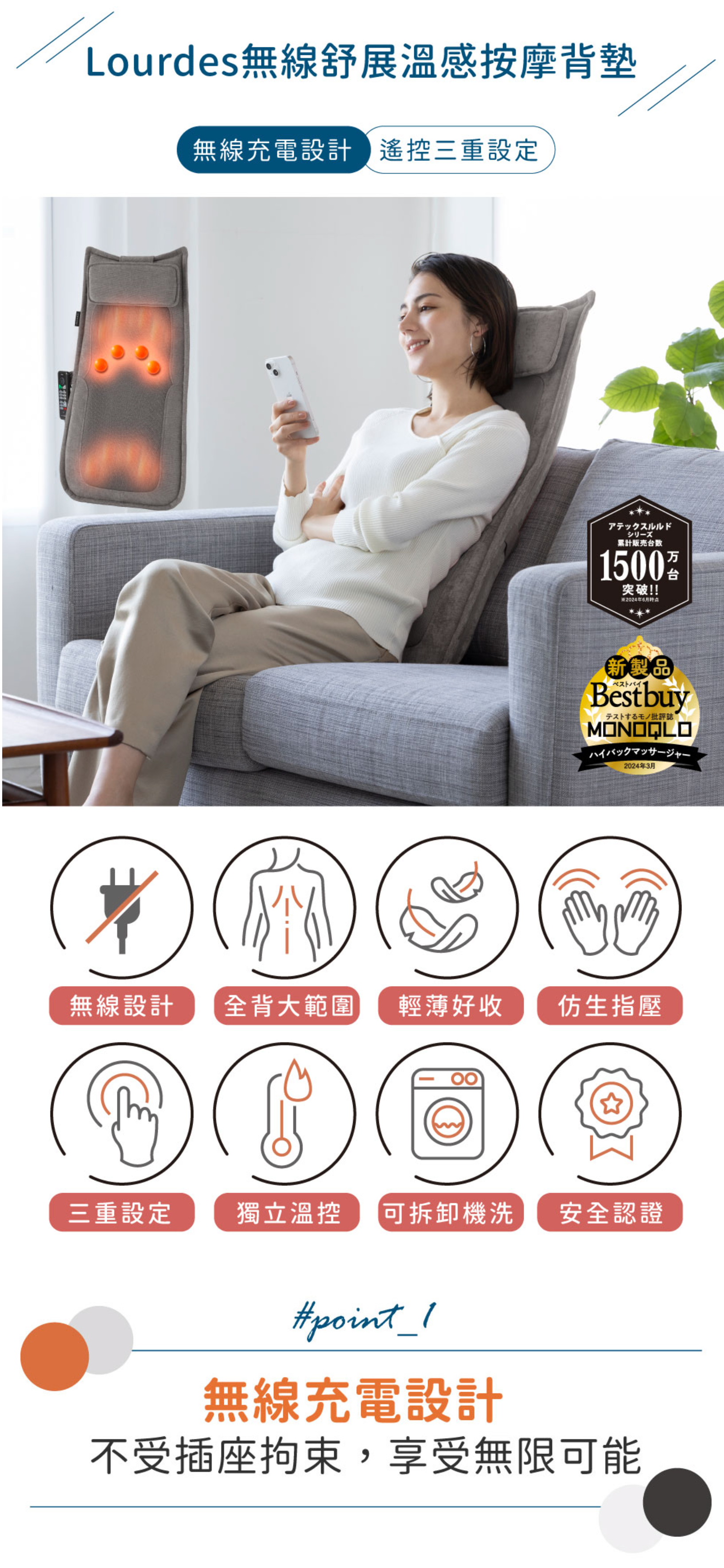 Lourdes 無線舒展溫感按摩背墊/ 按摩墊 AX-HP210