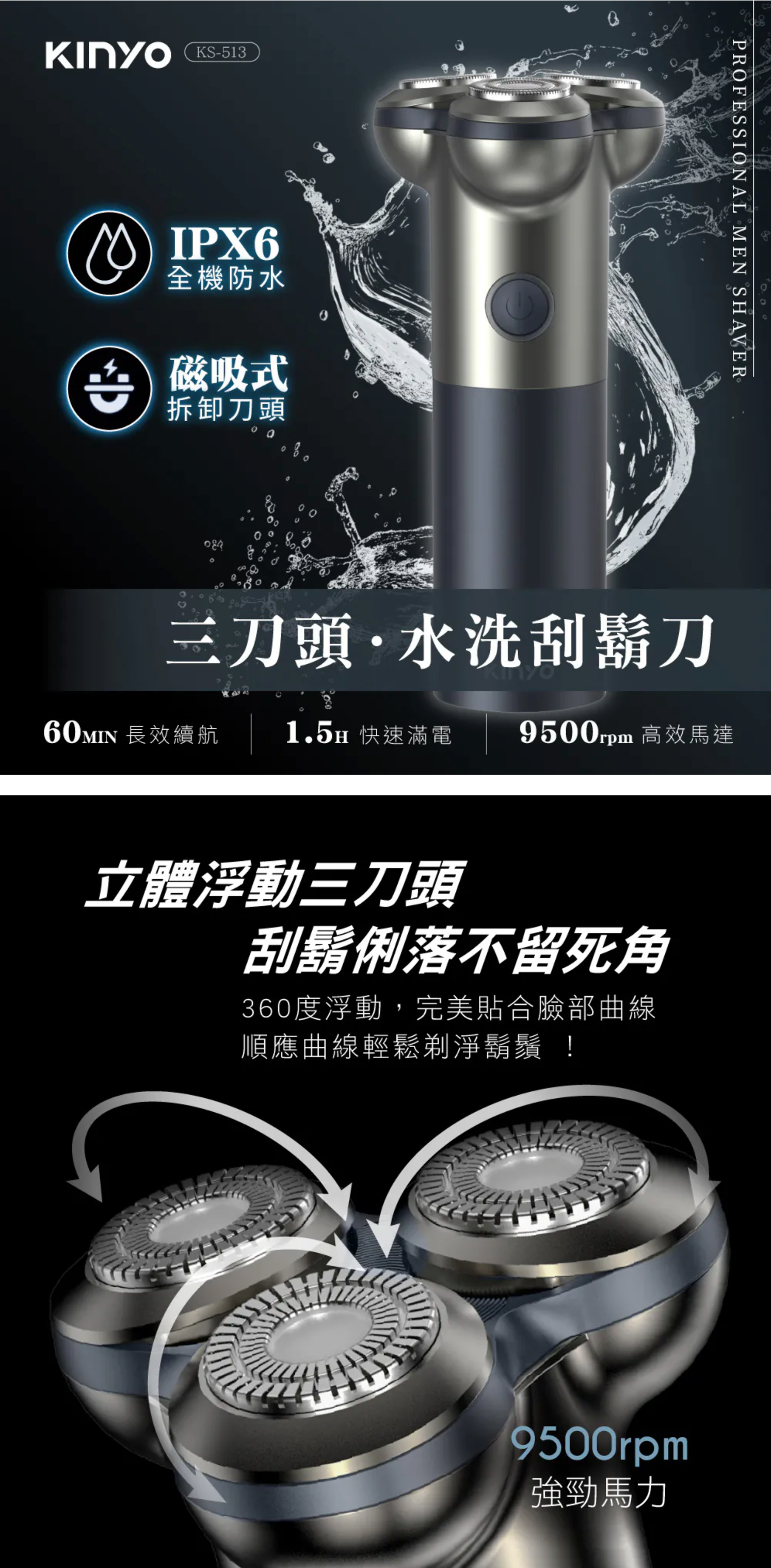 【KINYO】三刀頭水洗刮鬍刀