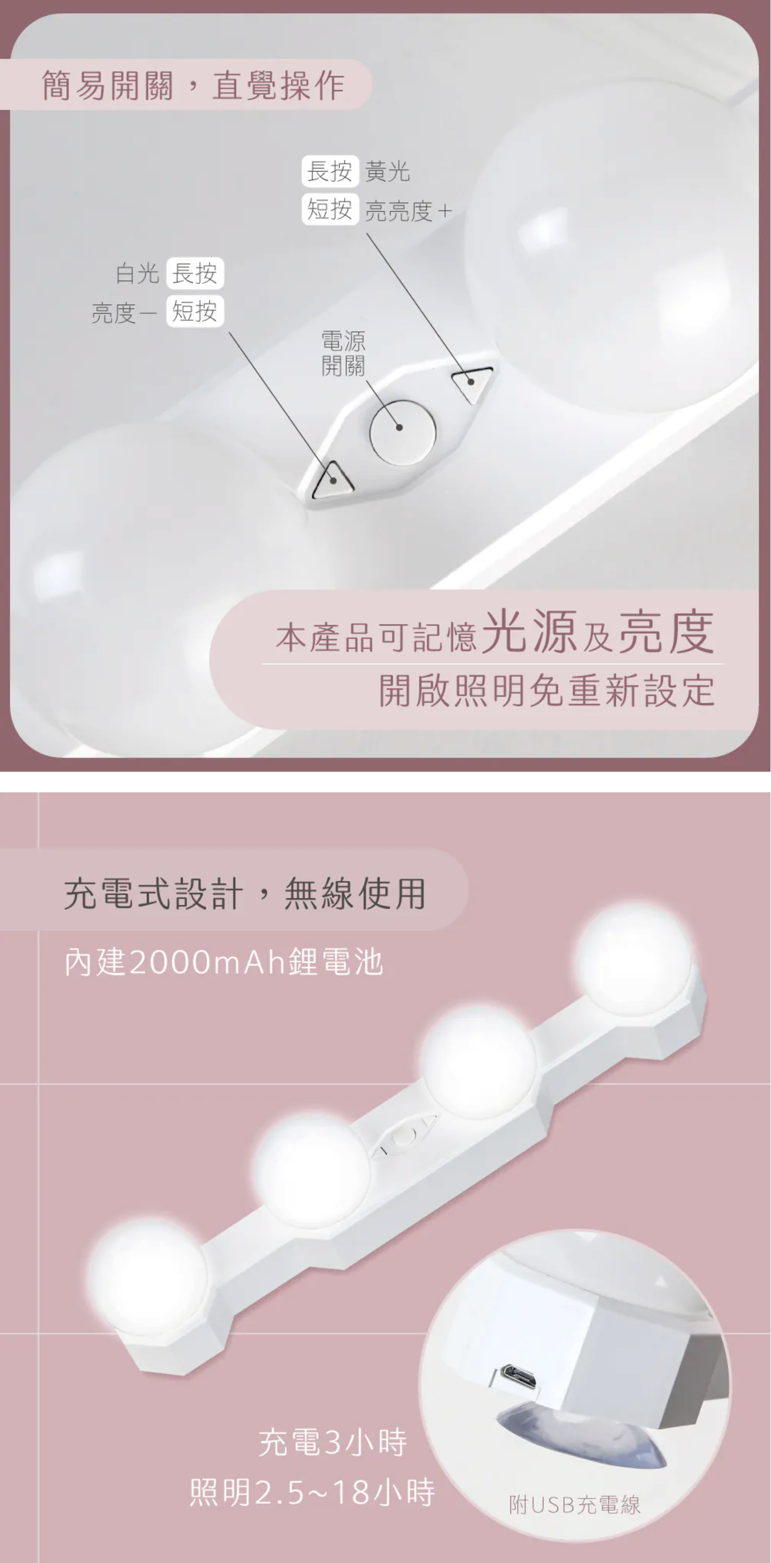 【KINYO】多功能LED無線化妝鏡燈