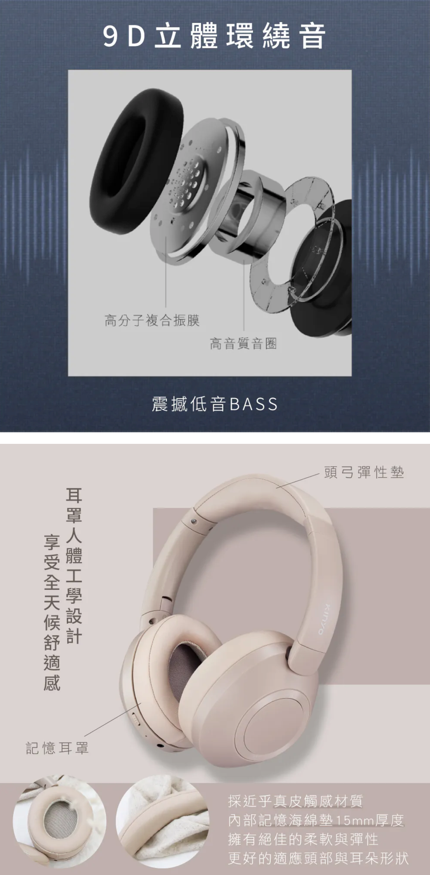 【KINYO】無線藍牙頭戴式耳機 (BTE-3865)