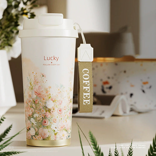家居生活雜貨舖 花草圖樣陶瓷內膽隨行保溫杯