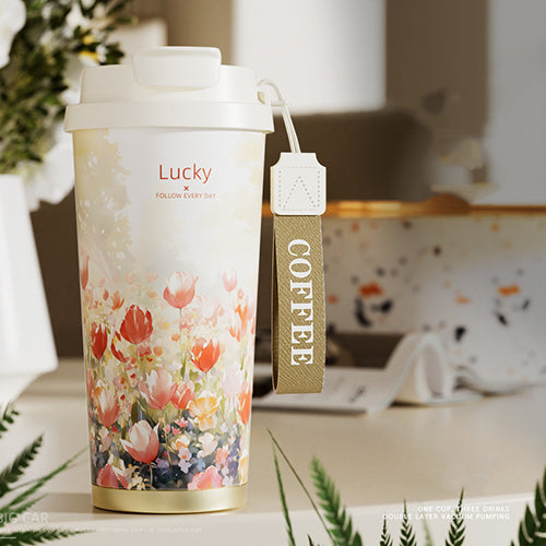 家居生活雜貨舖 花草圖樣陶瓷內膽隨行保溫杯