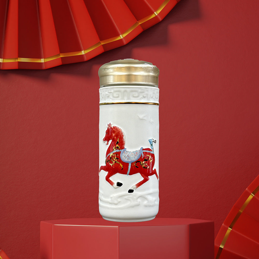 乾唐軒活瓷 盛世寶馬-漢代汗血寶馬隨身杯 / 大 / 雙層 / 白紅彩金 330ml