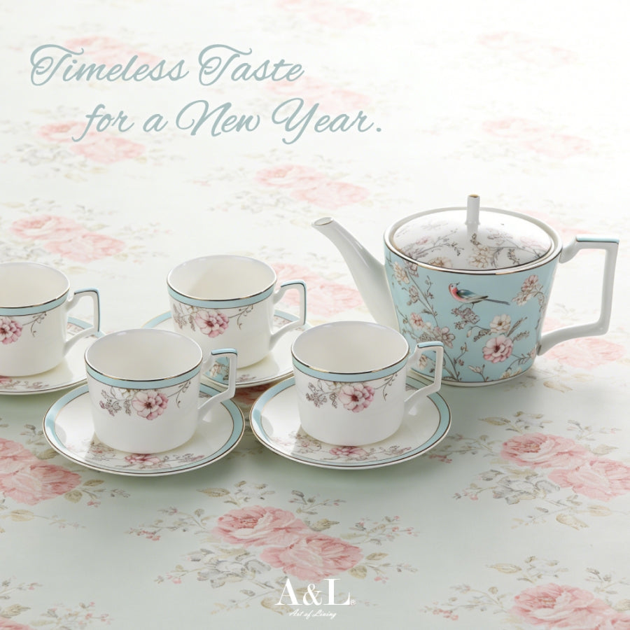 英國 A&L  骨瓷咖啡對杯禮盒組-1壺4杯4碟