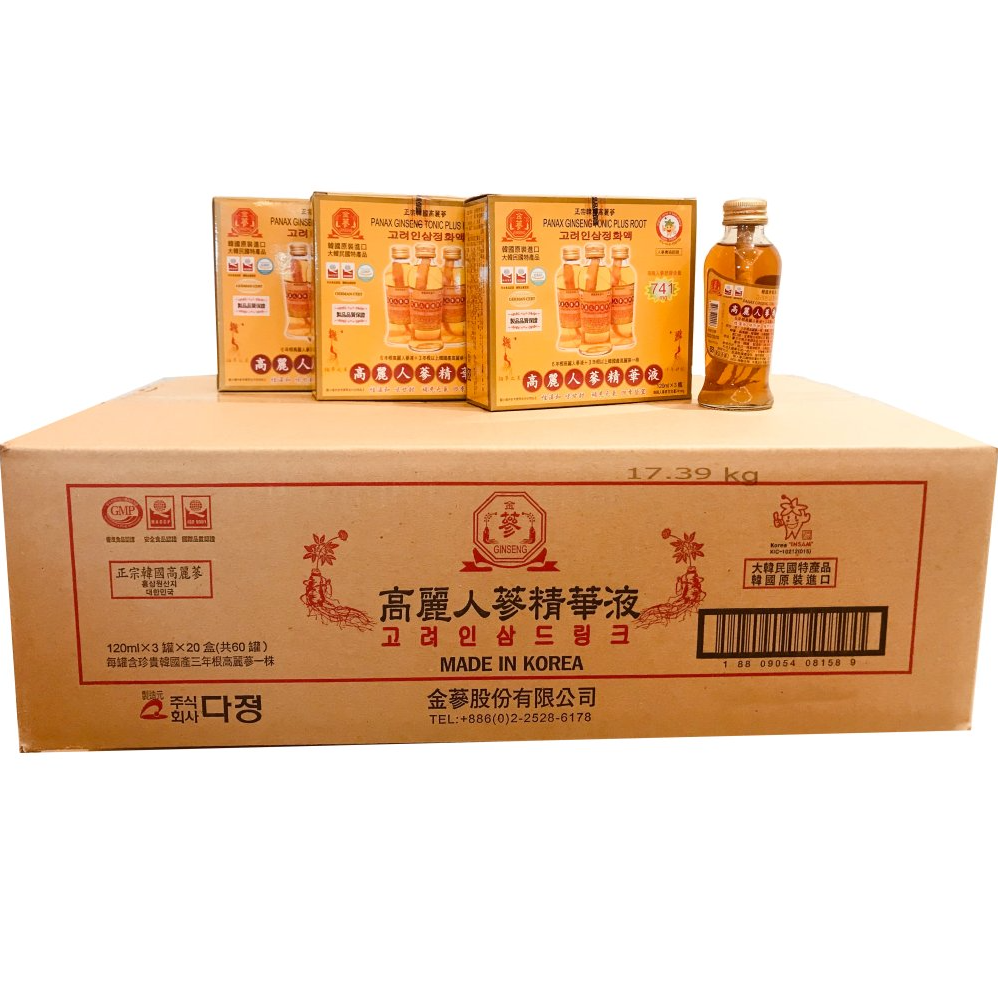 金蔘 GINSENG  高麗人蔘精華液一箱 120ml/3入   20盒(共60瓶)  (送 人蔘黑咖啡濃縮液20包)