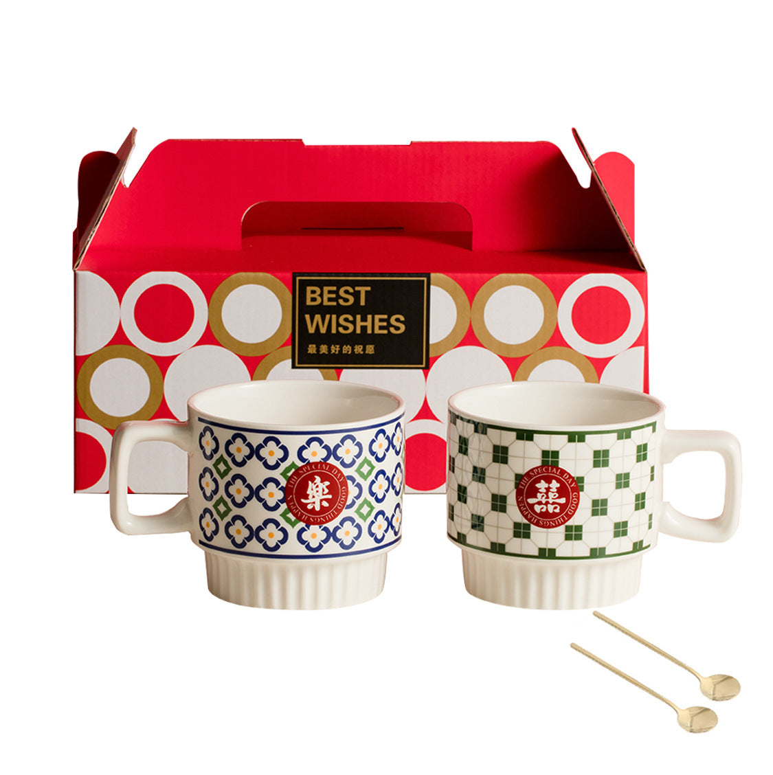 家居生活雜貨舖 囍樂復古印花對杯禮盒