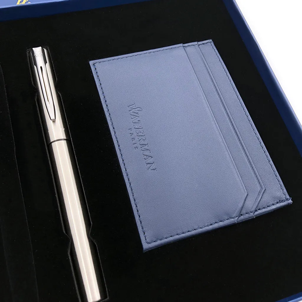 法國 WATERMAN 牛皮證件卡夾 雅律鋼筆禮盒