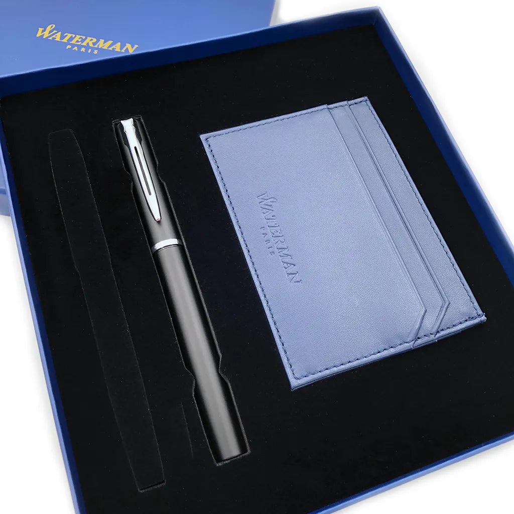 法國 WATERMAN 牛皮證件卡夾 雅律鋼筆禮盒