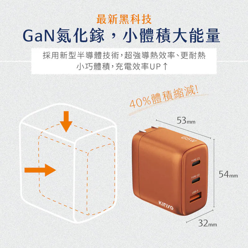 kinyo  三孔摺疊充電器 (PDCB-465)橘色