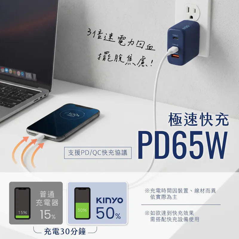 kinyo  三孔摺疊充電器 (PDCB-465)橘色