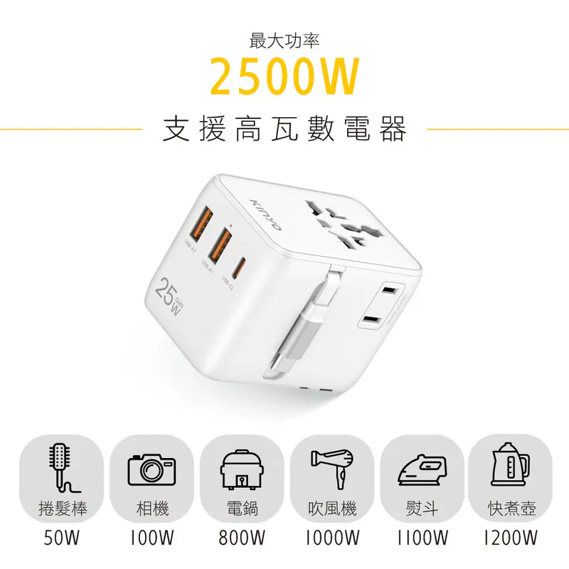 【KINYO】自帶線氮化鎵萬國轉接頭 (MPP-3525)