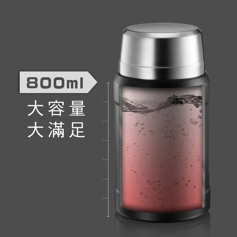 【KINYO】316不鏽鋼真空燜燒罐 800ml (黑色)附贈不鏽鋼湯匙、杯蓋碗&雙層保溫袋 (KIM-48)