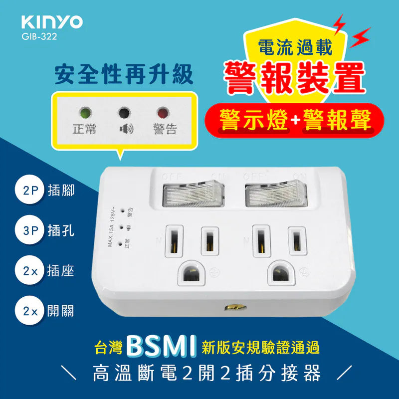 kinyo  高溫斷電2開2插分接器 (GIB-322)