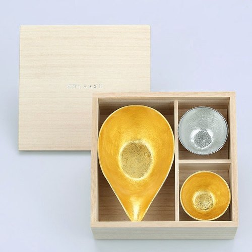 日本 能作 純錫清酒具桐木禮盒（金箔片口盅L+清酒對杯