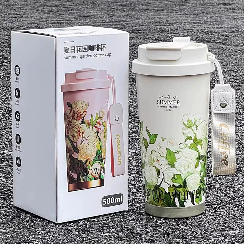 夏日花園輕奢感保溫杯冬季奶茶雙飲口泡茶水杯高顏值吸管禮品杯子