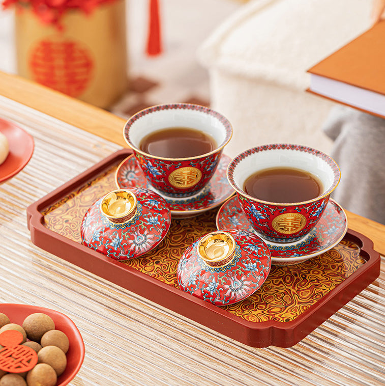 家居生活雜貨鋪 陶瓷紅色琺瑯敬茶對杯禮盒