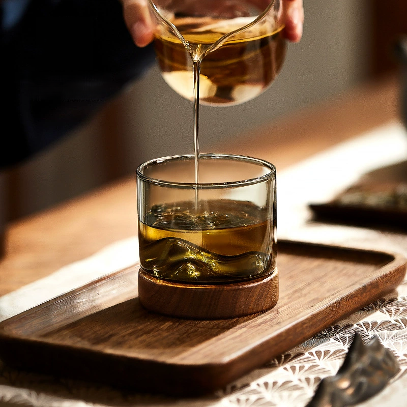 創意小物館 巒山木托玻璃茶酒杯 小